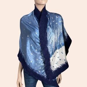 Wool Felted Scarf Birds Trees Blue White Artisan Handmade